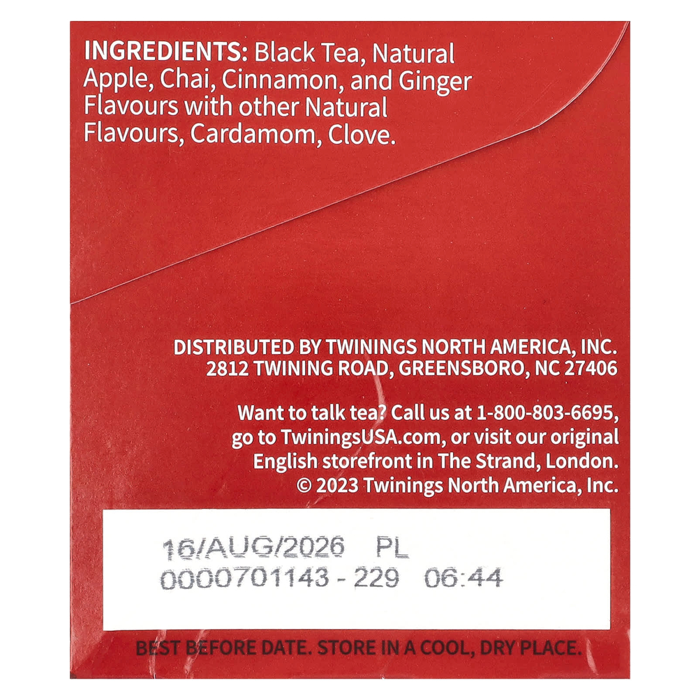 Twinings, Черный чай, чай, яблоко с пряностями, 20 чайных пакетиков, 40 г (1,41 унции)