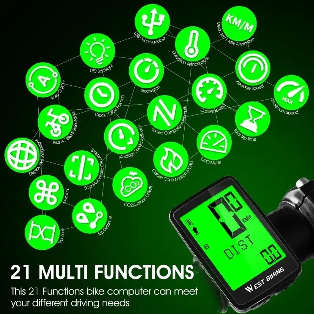 Велокомпьютер беспроводной West Biking YP0702075, 17 функций
