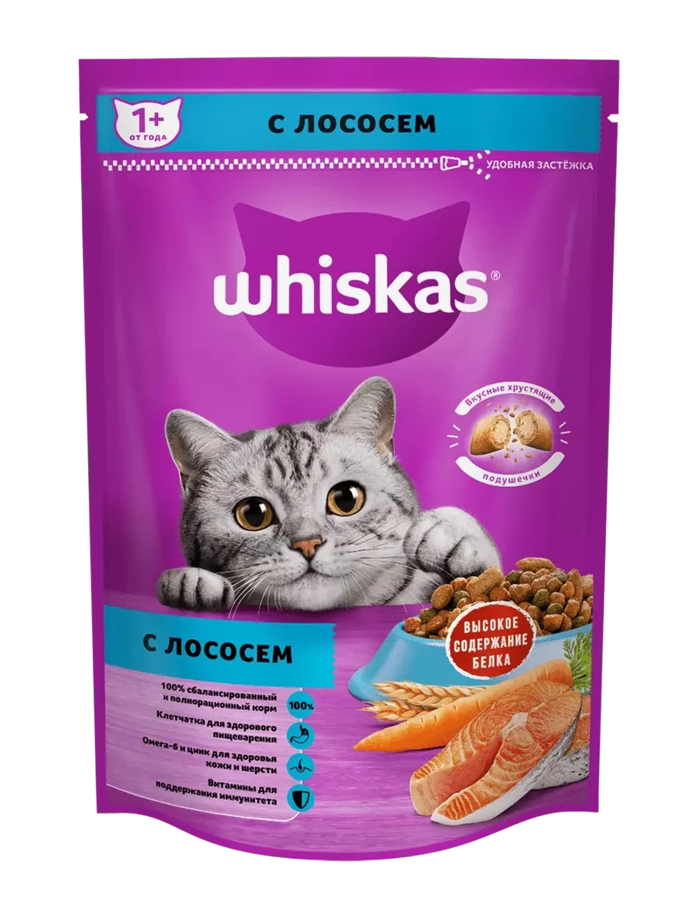Whiskas корм для кошек с лососем, подушечки с паштетом