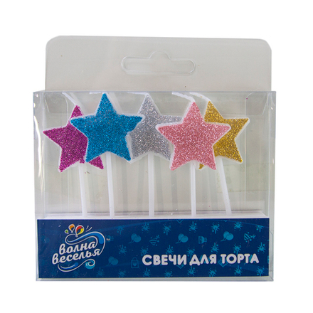 Свеча Звезда, Ассорти, с блестками, 2,5 см, 5 шт. с держат.