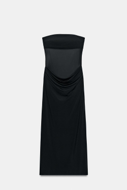 ZARA КОМБИНИРОВАННОЕ ПЛАТЬЕ МИДИ СО СБОРКАМИ, ЧЕРНЫЙ