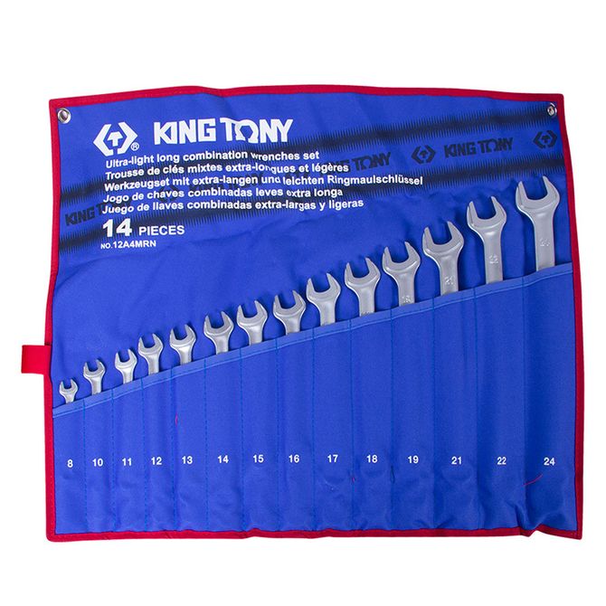 KING TONY (12A4MRN) Набор комбинированных удлиненных ключей, 8-24 мм, чехол из теторона, 14 предметов
