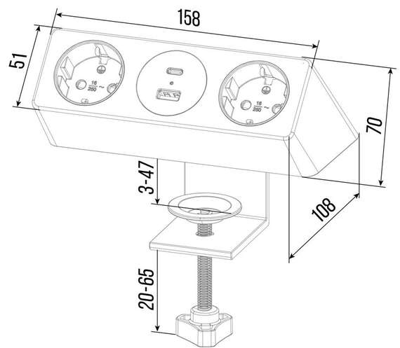 Блок розеток настольный с одним крепежом (2 розетки, USB-A, USB-C) G1002A-2AC.N Серебро+Белый 158*1