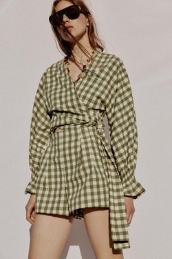 ZARA ШОРТЫ В КЛЕТКУ ВИШИ, МЯГКИЙ ЗЕЛЕНЫЙ