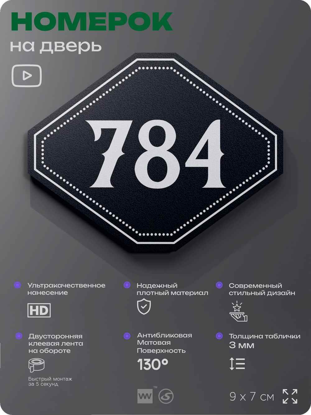Номерок на дверь квартиры 784, для кабинета, офиса, шильдик 9 х 7 см, черный, Айдентика Технолоджи