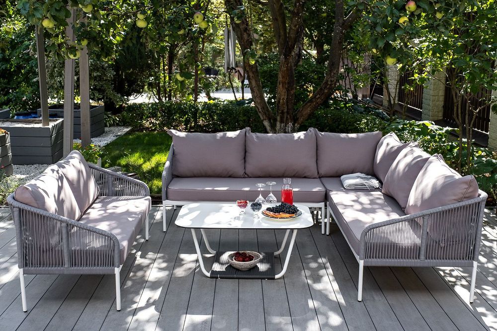 "Канны" диван модульный плетеный из роупа, каркас алюминий белый, роуп светло-серый круглый, ткань светло-серая