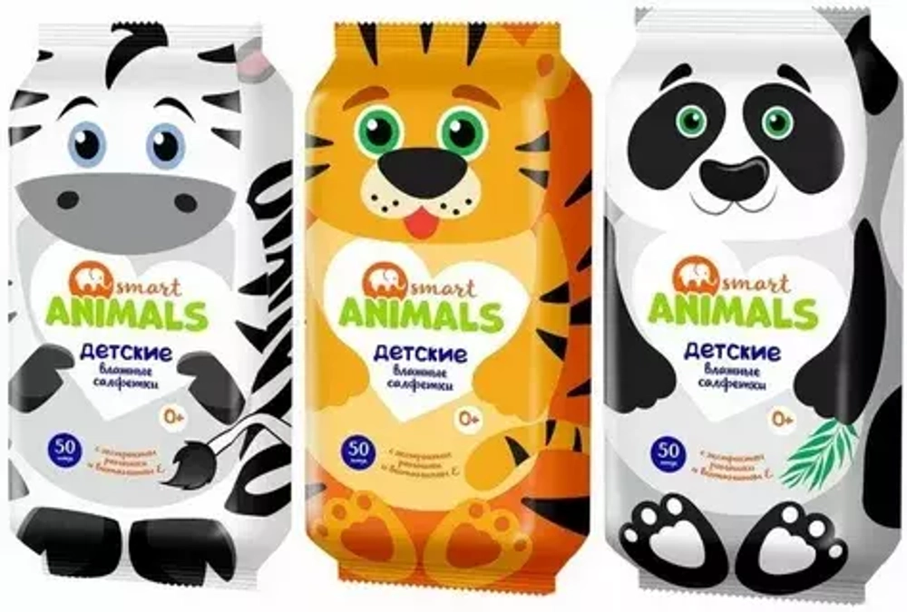 SMART animals  №8 Влажные салфетки ДЕТСКИЕ kids с экстрактом ромашки и витамином Е БОКС 8пачекХ8салфеток*8