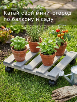 Подставка для цветов, 30х30х7, Флорэль, круглая на колесиках, этажерка, напольное, на подоконник, полка, из массива дерева, серый, Dipriz