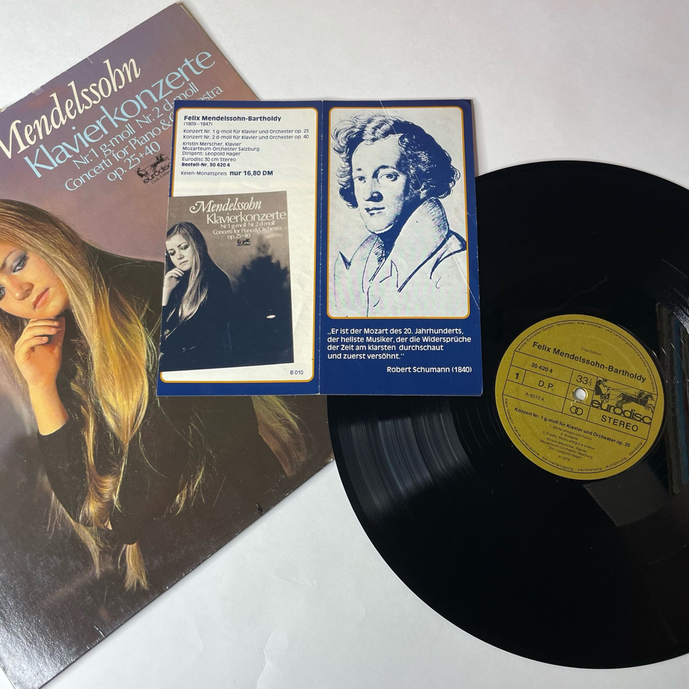 Винтажная виниловая пластинка LP Mendelssohn Мендельсон, Kristin Merscher, Mozarteum-Orchester Salzburg, Leopold Hager Klavierkonzerte Nr. 1 G-moll Op. 25 (Германия 1979)