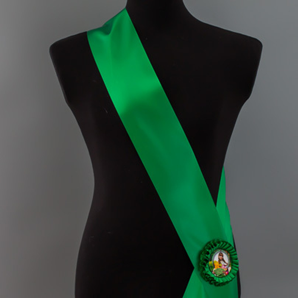 Лента наградная для конкурса красоты С НАНЕСЕНИЕМ. Цвет ленты ПАПОРОТНИК. Крепление розетка с лого.