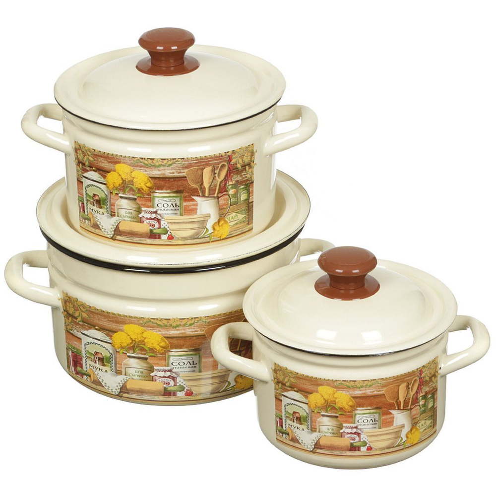 Набор эмалированной посуды 6 пр, кастрюли 2,3,5 л, Керчь, Сельский мотив — 1
