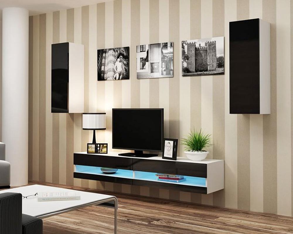 Гостиная Виго нью 10 МДФ (черная) / Белый Фасадный 0101 250*42*180 см, Черный, Белый Фасадный   Фиеста