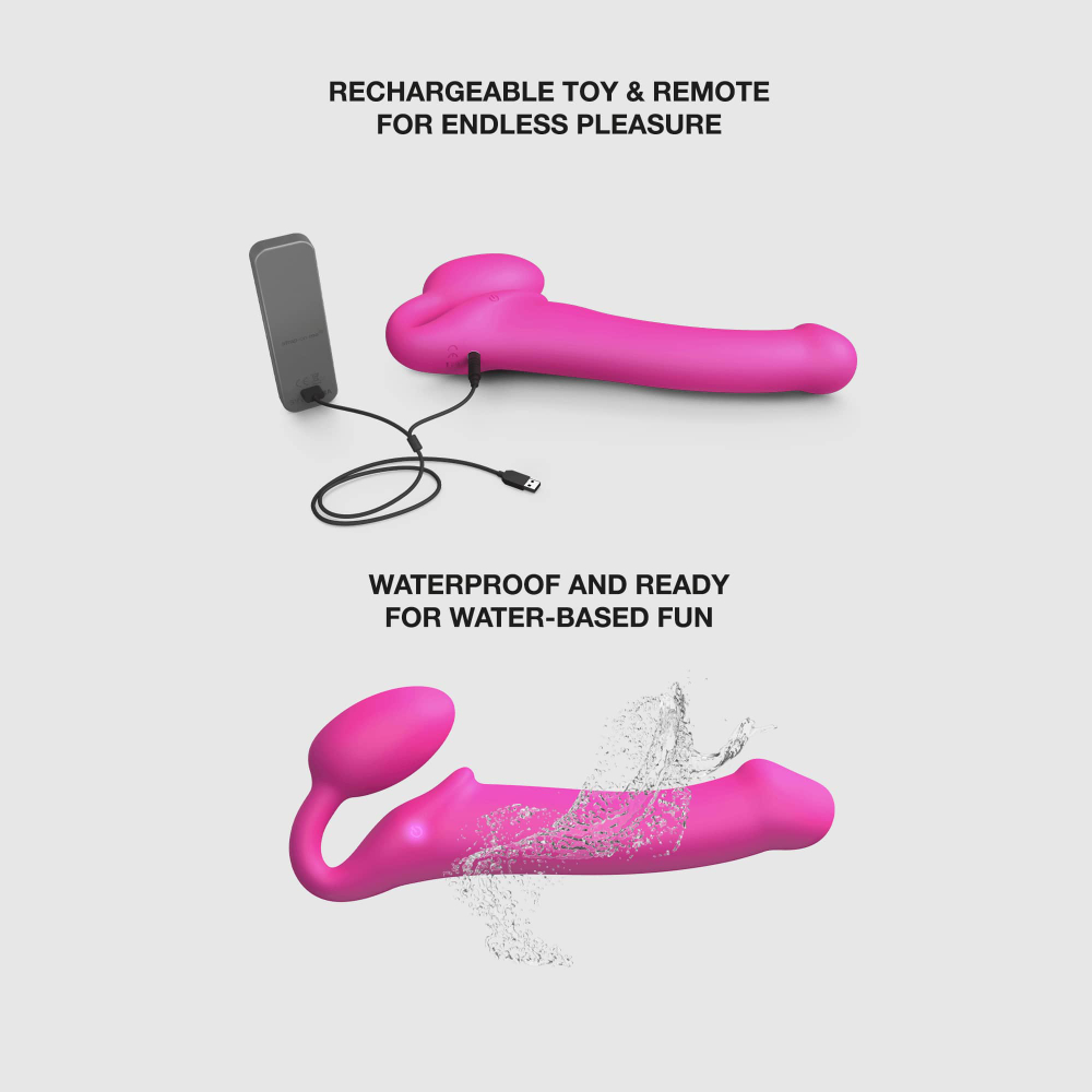Ярко-розовый безремневой страпон Strap-on-me Vibrating Bendable Strap-On size XL (Цвет: ярко-розовый)