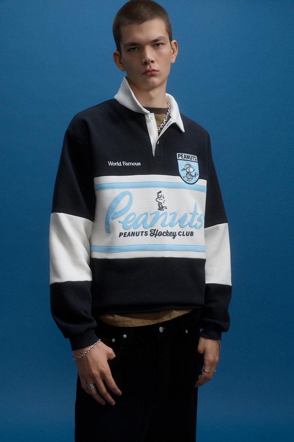 PULL&BEAR Толстовка-поло в хоккейном в стиле «Peanuts», темно-синий