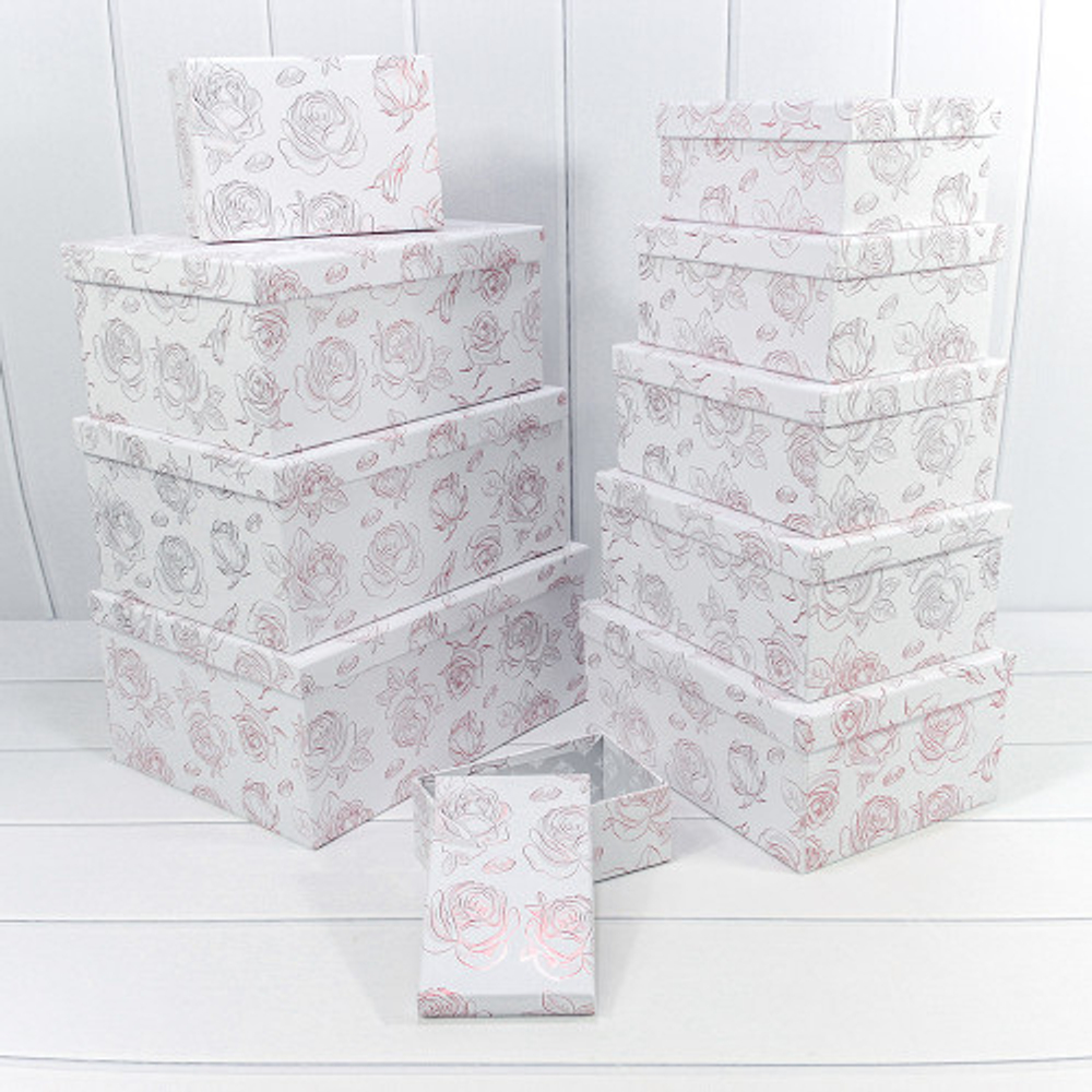 Коробка 34х26х15.3 см Набор 10 шт "Розы" с тиснением (Белый)