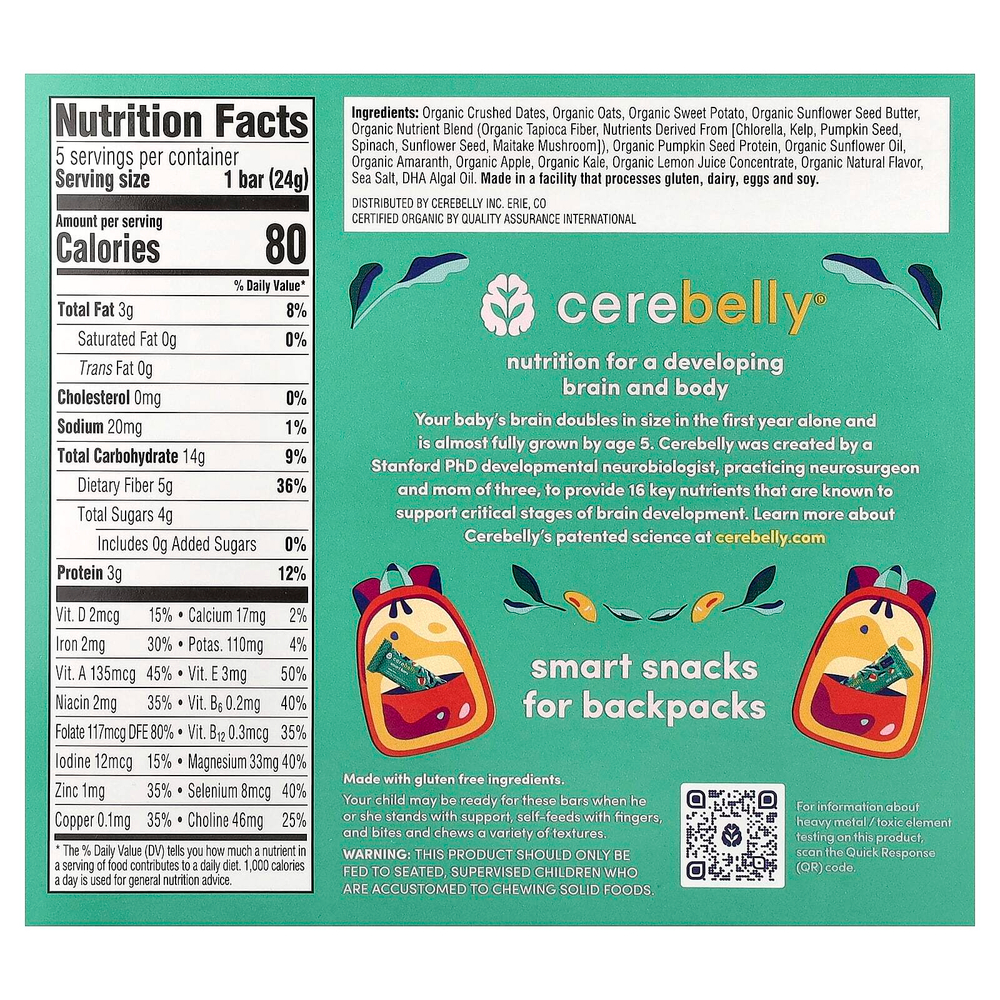 Cerebelly, Smart Bars, органические детские батончики, яблоко и кудрявая капуста, 5 батончиков по 24 г (0,84 унции)