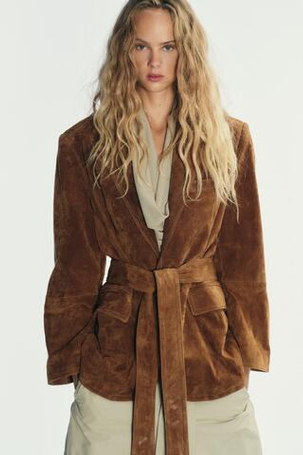 ZARA БЛЕЙЗЕР ИЗ ЗАМШИ, СВЕТЛО-КОРИЧНЕВЫЙ
