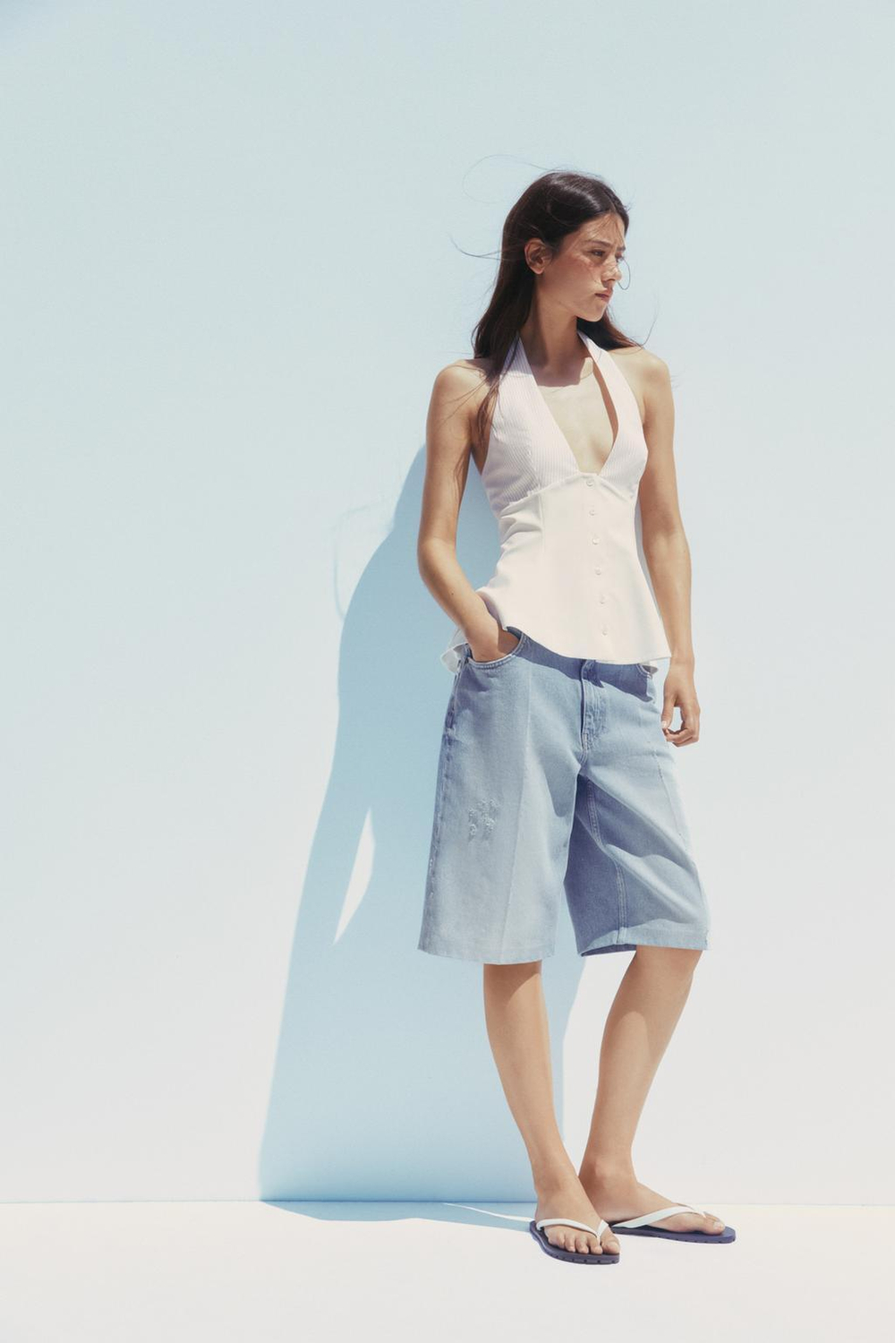 ZARA ТОП В КОНТРАСТНУЮ ПОЛОСКУ С ГОРЛОВИНОЙ ХАЛТЕР, ЭКРЮ