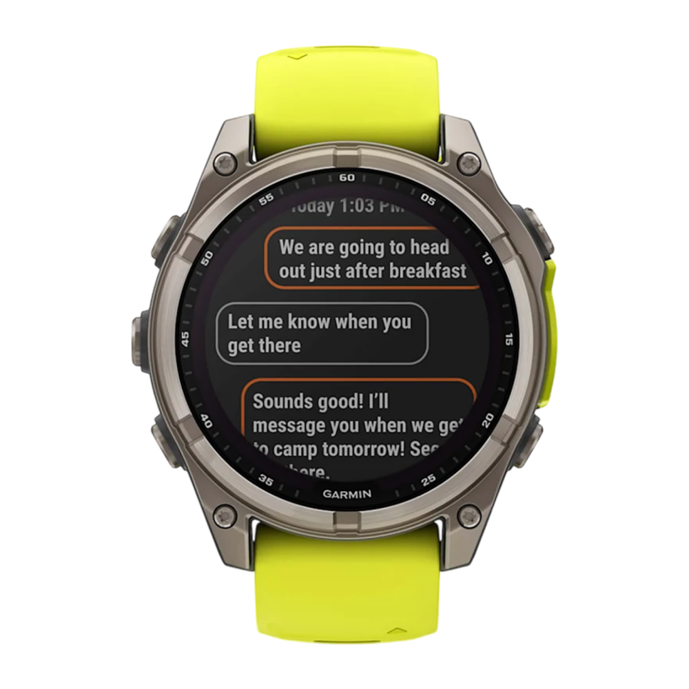 Спортивные часы Garmin fenix 8, 47 мм, Solar, титан, сапфир, силиконовый ремешок цвета «электрический жёлтый»/графитовый Безель из титана, дисплей Solar. Ремешок с классической застёжкой — на запястье обхватом 125–208 мм