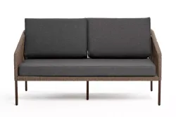 "Канны" диван 2-местный плетеный из роупа, каркас алюминий коричневый (RAL8016) муар, роуп коричневый круглый, ткань темно-серая 027