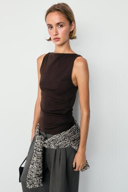 Massimo Dutti Хлопковая футболка с квадратным вырезом, коричневый