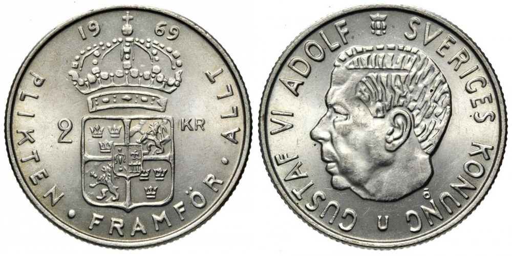 Швеция 2 кроны, 1968 - 1971 Густав VI Адольф aUNC