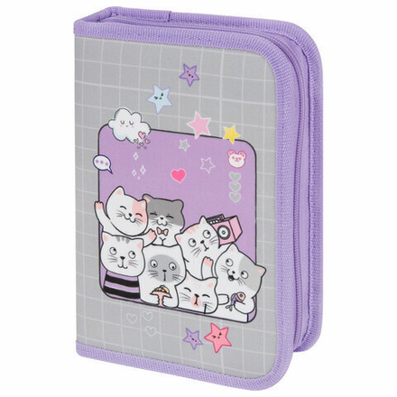 Пенал ПИФАГОР, 1 отделение, 2 откидные планки, полиэстер, 20х14 см, "Cats selfie", 273477