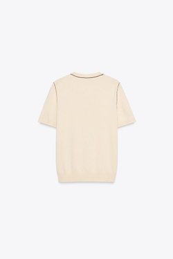 ZARA ТРИКОТАЖНЫЙ ТОП С КОРОТКИМИ РУКАВАМИ И ОКАНТОВКОЙ, ЭКРЮ