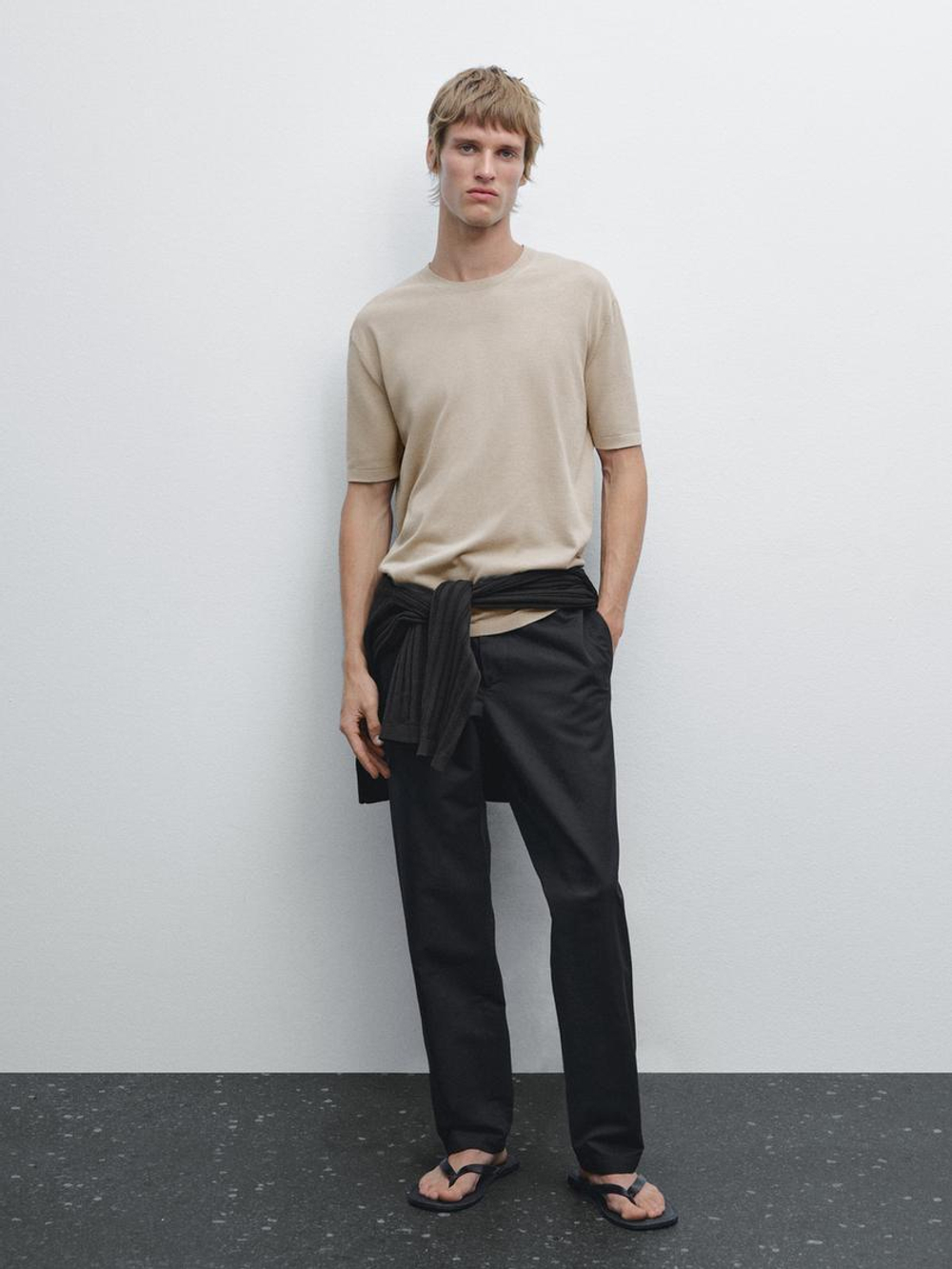 Massimo Dutti Хлопковая футболка с коротким рукавом, бежевый