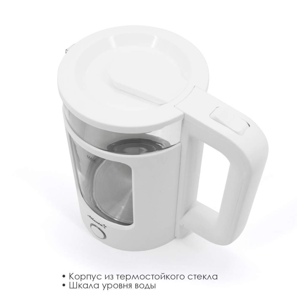 Чайник электрический 1,8л Atlanta ATH-2474 стеклянный, дисковый с внутренней подсветкой, 1800Вт, бел