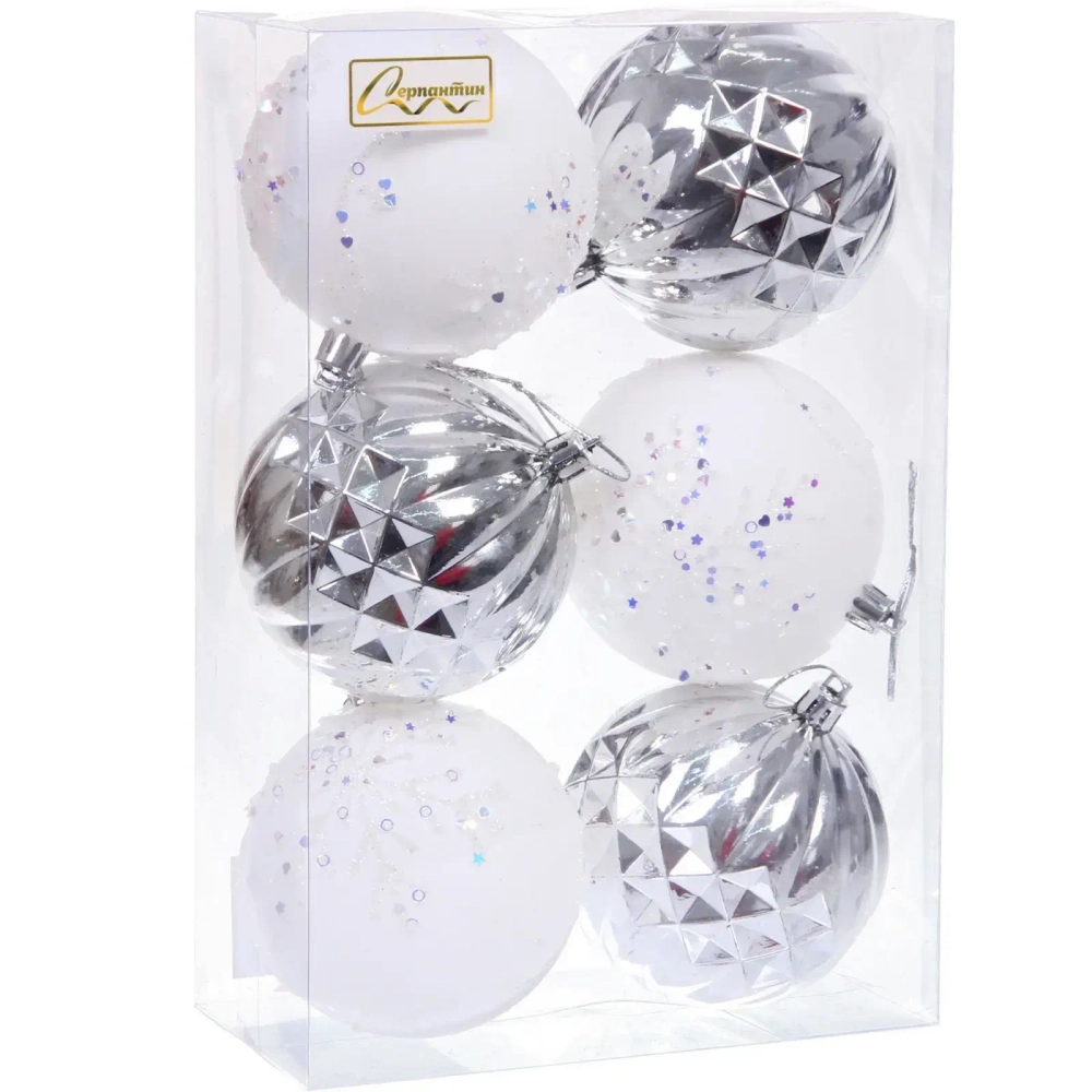 Новогодние шары «Волшебный бал» 8 см (набор 6 шт), Серебро/Белый