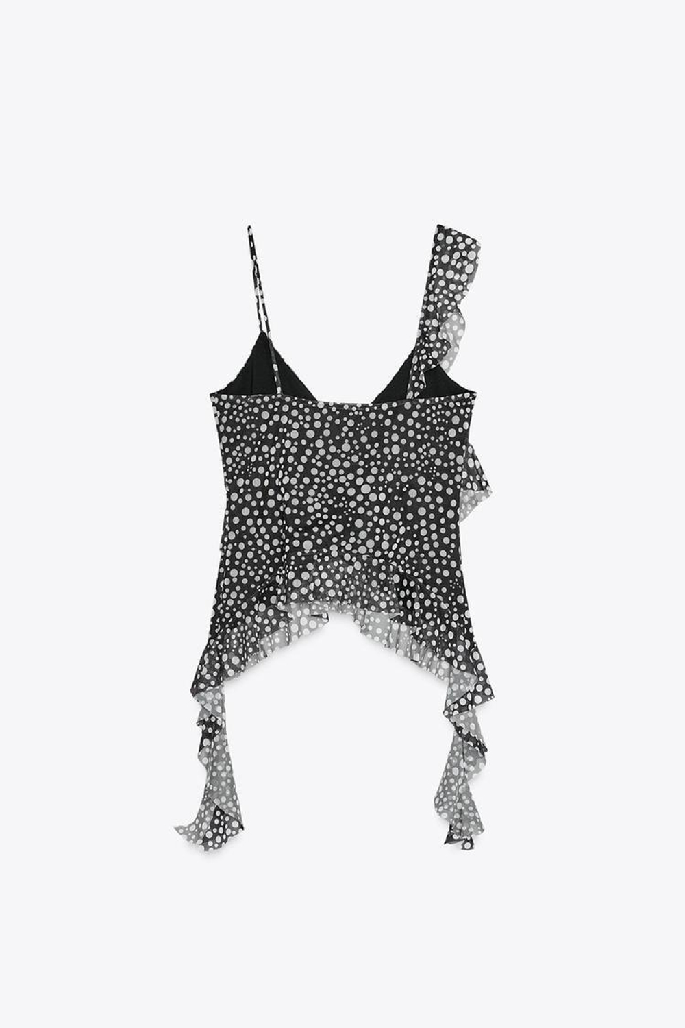 ZARA ТОП ИЗ ПОЛУПРОЗРАЧНОЙ ТКАНИ С ПРИНТОМ И ВОЛАНАМИ, ЧЕРНЫЙ/БЕЛЫЙ