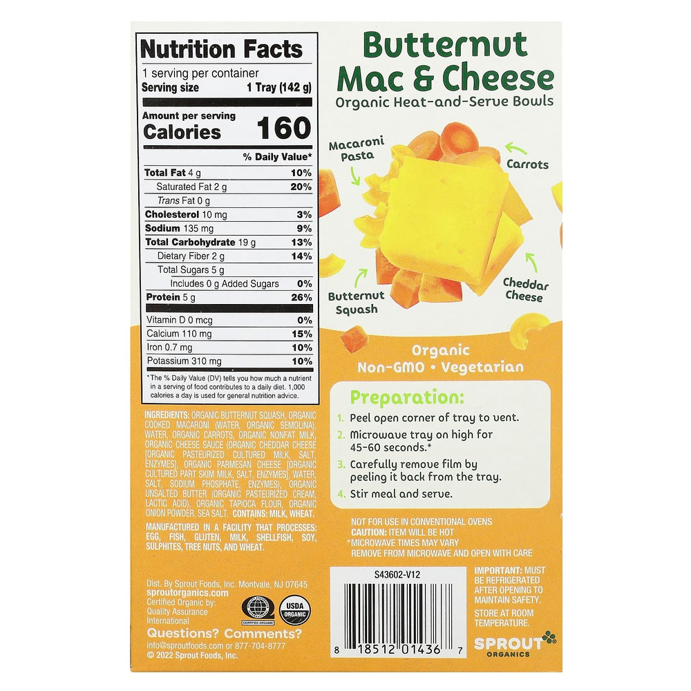 Sprout Organics, Toddler Meals, для детей от 12 месяцев, мускатные макароны с сыром, 142 г (5 унций)