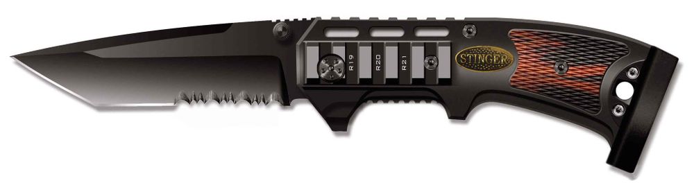 Мужской недорогой брутальный стальной чёрный складной нож в военном стиле с клинком 84 мм и чёрной рукояткой со вставкой из дерева Stinger SA-583W