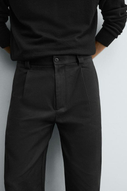 ZARA БРЮКИ СО СКЛАДКАМИ ИЗ ХЛОПКА И ЛИОЦЕЛЛА, УГОЛЬНЫЙ