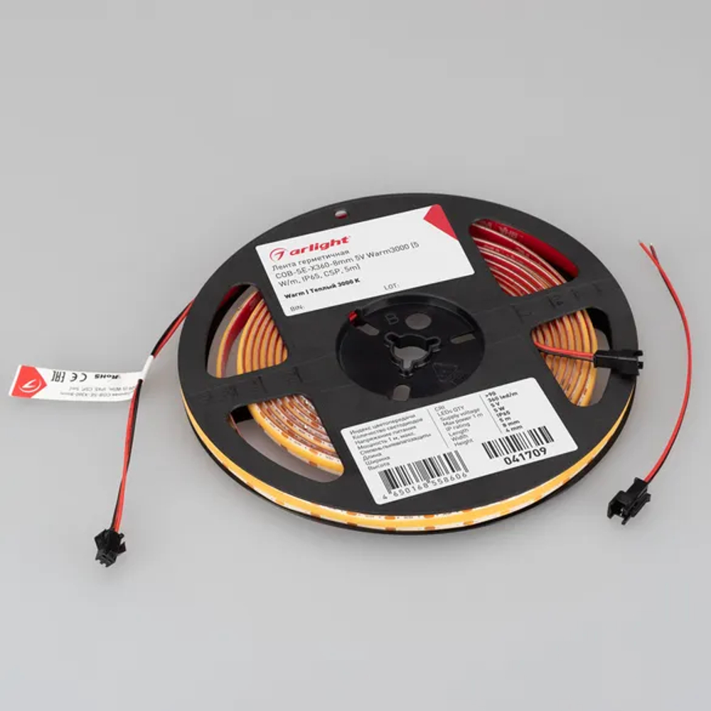 Светодиодная лента герметичная COB-SE-X360-8mm 5V Warm3000 (5 W/m, IP65, 5m) (Arlight, -) 041709(1)