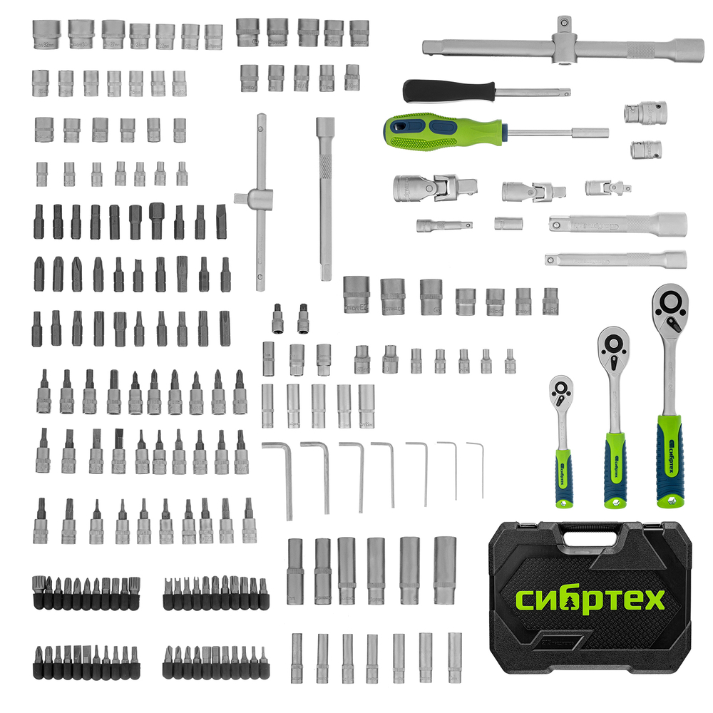 Набор инструментов, 1/2", 3/8", 1/4", пластиковый кейс 215 предм. Сибртех