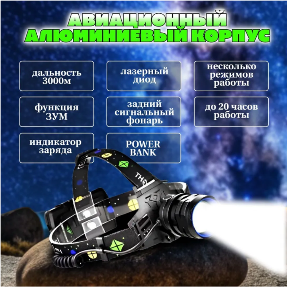 Фонарь налобный ОГОНЬ светодиодный с аккумуляторами HT-3128-PM20-TG