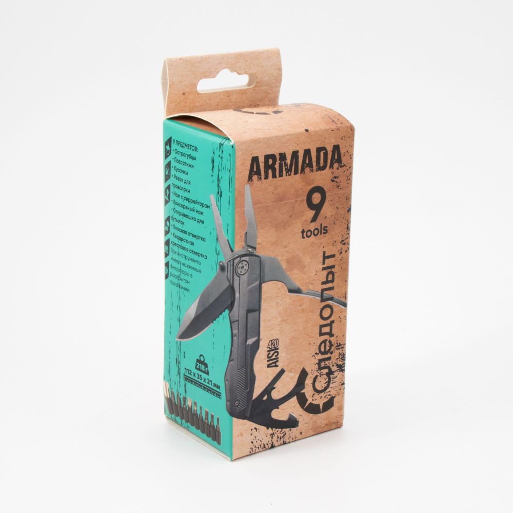 Мультитул (плоскогубцы) &quot;СЛЕДОПЫТ-ARMADA&quot;, 112х35х21 мм, 9 предметов, с набором бит, в чехле, в коро