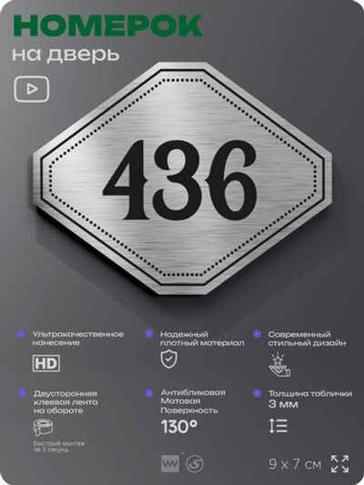 Номерок на дверь квартиры 436, для кабинета, офиса, шильдик 9 х 7 см, брашированная сталь, Айдентика Технолоджи