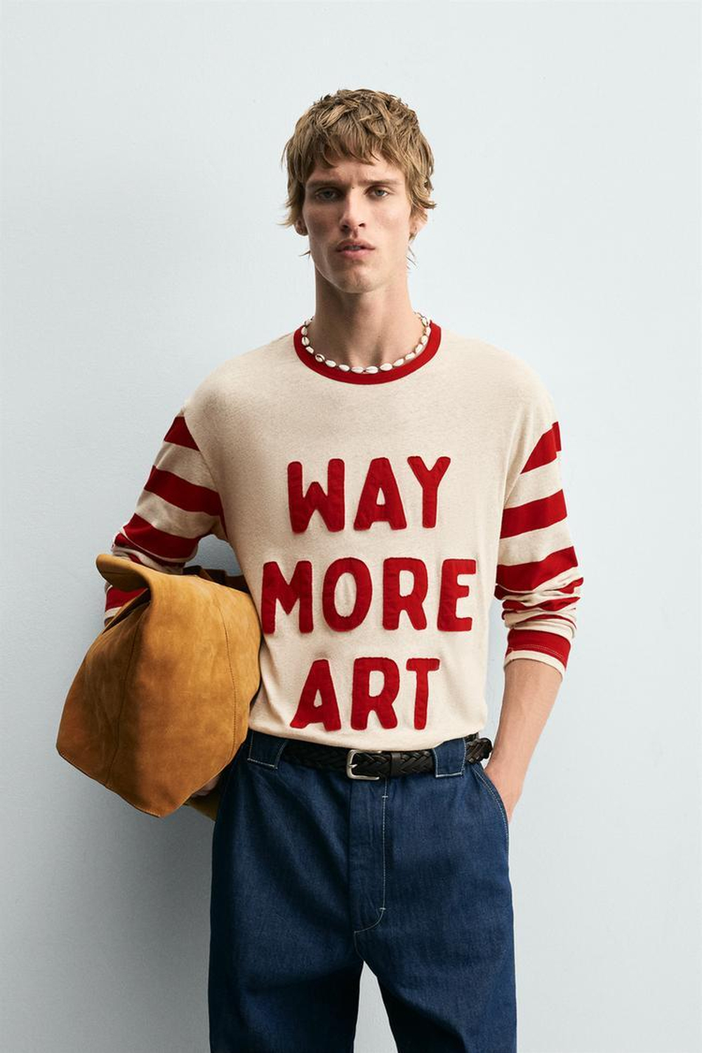 ZARA ФУТБОЛКА В ПОЛОСКУ ИЗ КОМБИНИРОВАННОЙ ТКАНИ, БЕЖЕВЫЙ