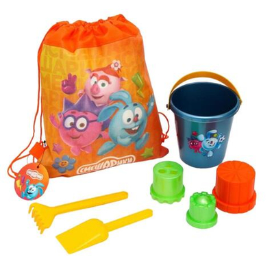 Песочный набор "Смешарики. Друзья" ведёрко 1л, грабли, совок, 3 формочки, в рюкз. (Крошка Я)