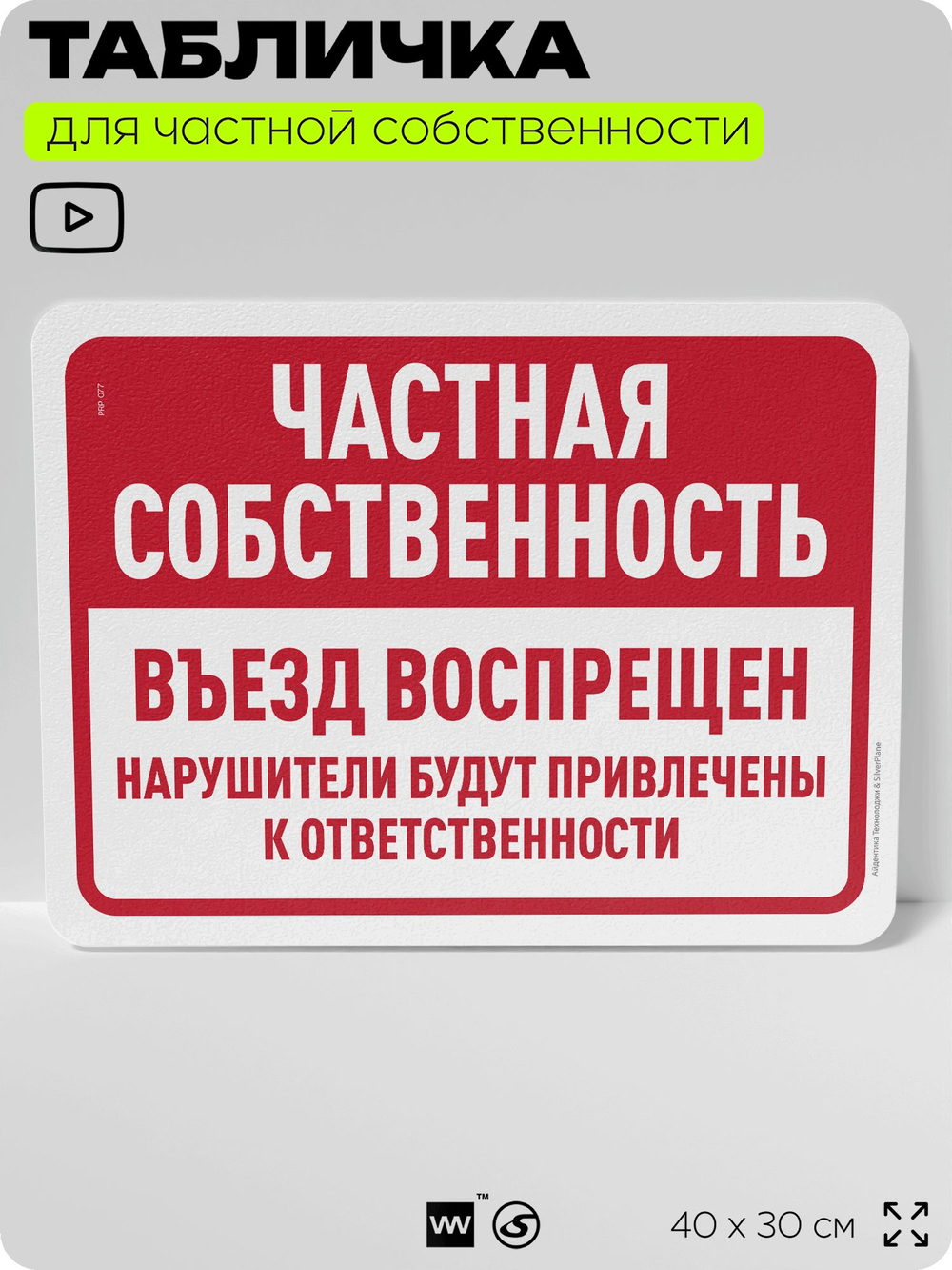 Табличка для частной территории "Частная собственность, въезд запрещен", на дом, для участка, организаций, предупреждающая, 40х30 см, Silver Plane x Айдентика Технолоджи