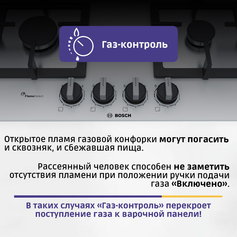 Встраиваемая газовая панель BOSCH PPP6A2B20O, независимая, 4 конфорки, белая