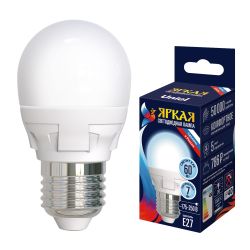 LED-G45 7W-6500K-E27-FR PLP01WH Лампа светодиодная. Форма шар. матовая. Серия ЯРКАЯ. Дневной белый свет 6500K. Картон. ТМ Uniel