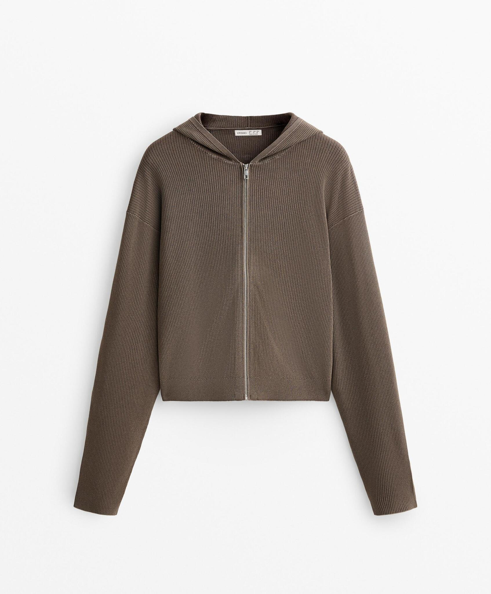 Oysho Куртка с капюшоном из трикотажной ткани в рубчик, ладан