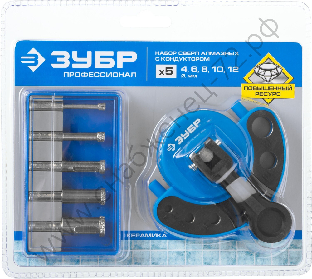 ЗУБР (d 4, 6, 8, 10, 12 мм, Р60), Набор алмазных трубчатых сверл с кондуктором, Профессионал (29851-H6)