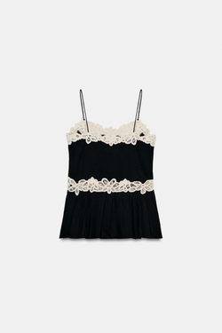 ZARA ТОП С КОНТРАСТНЫМ КРУЖЕВОМ — ZW COLLECTION, БЕЛЫЙ/ЧЕРНЫЙ
