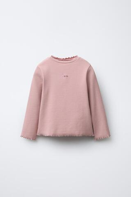 ZARA ФУТБОЛКА В РУБЧИК С ВЫШИВКОЙ, БЛЕДНО-РОЗОВЫЙ