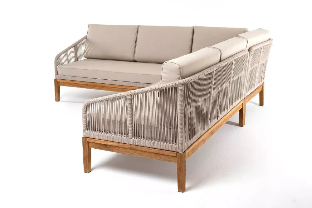 "Канны" диван модульный плетеный из роупа, основание дуб, роуп бежевый круглый, ткань бежевая 052